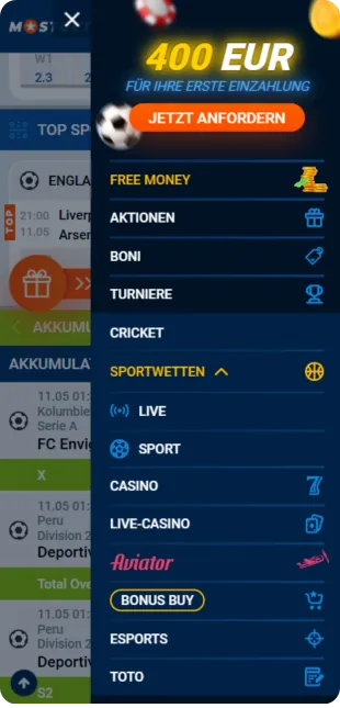 Mostbet Menü und Aktionen